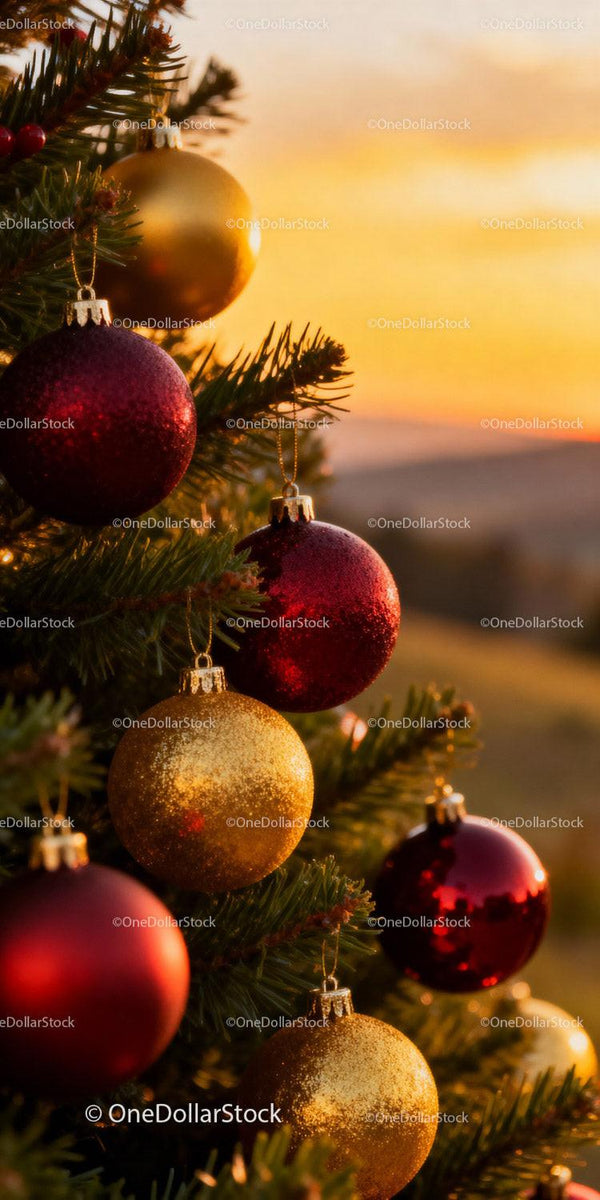 Christmas tree decorated with red and gold baubles at sunset