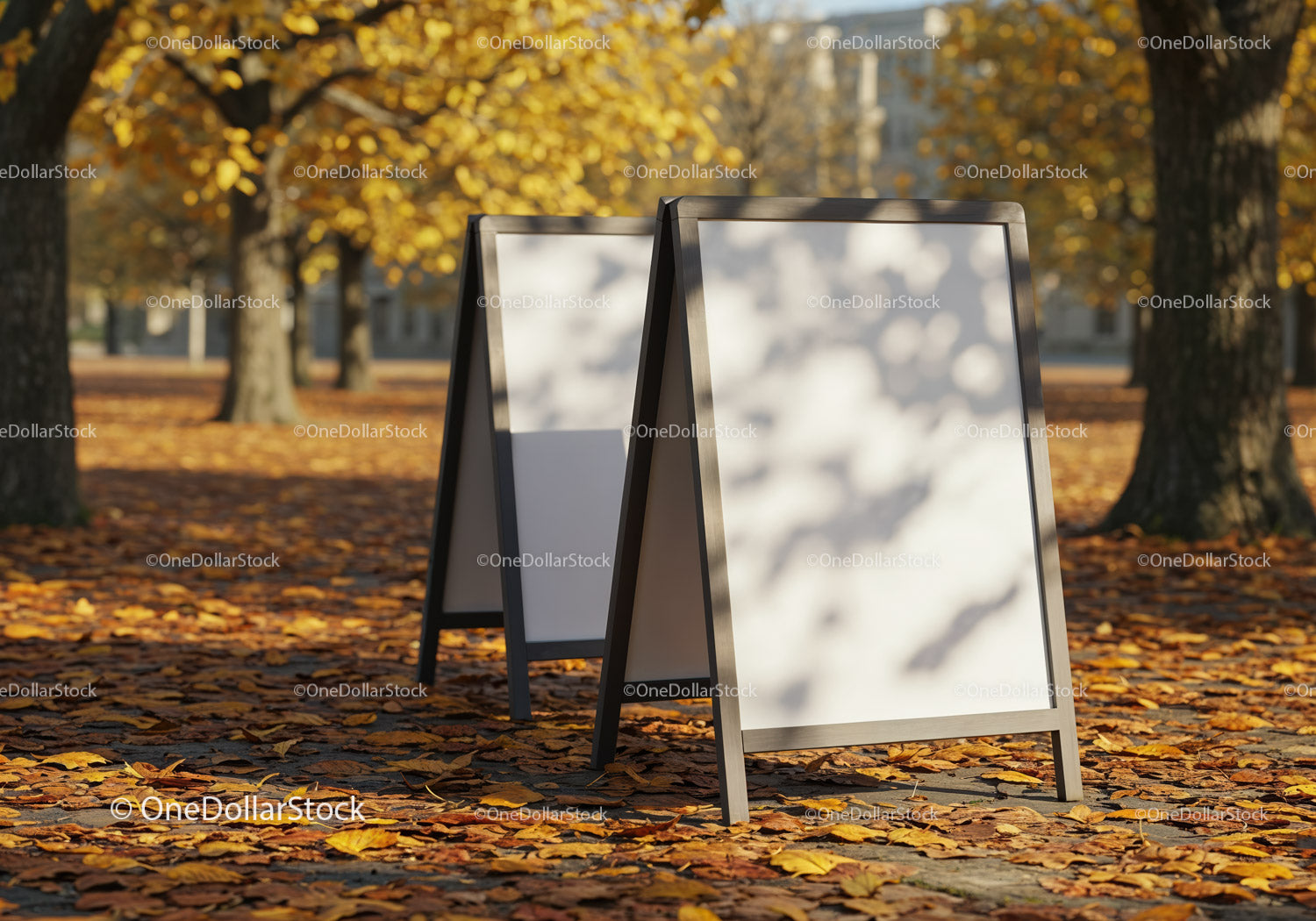 Puste deski kanapkowe na ścieżce w jesiennym parku