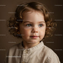 Curly haired toddler with thoughtful expression