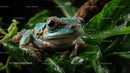 Close-Up of a Green Frog Sitting on Large Wet Leaf in Jungle