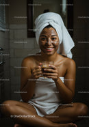 Young Woman Enjoying Facial Mask and Hot Drink in Cozy Spa Setting