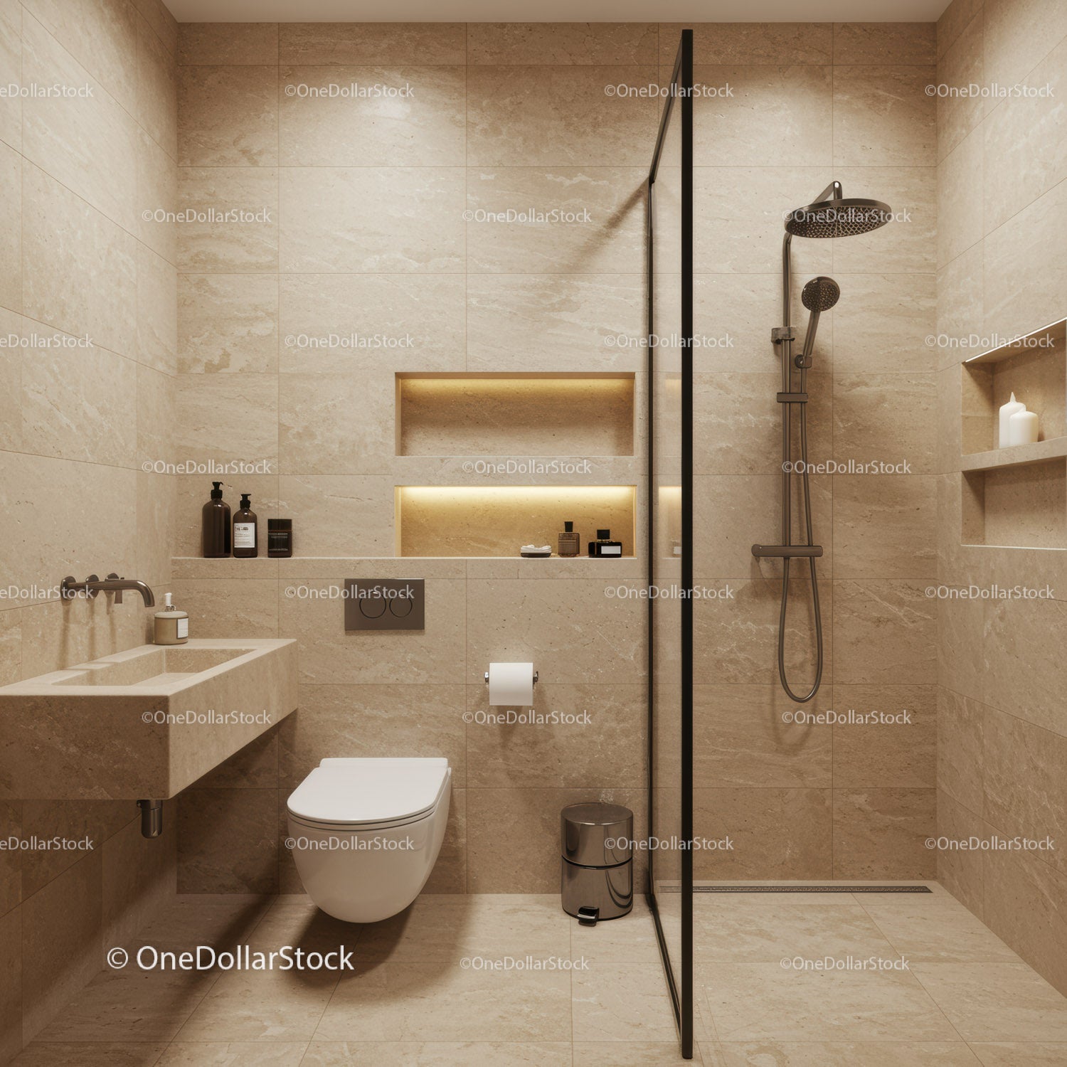 Modern beige stone tile bathroom with walk-in shower and sleek fixtures