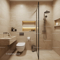 Modern beige stone tile bathroom with walk-in shower and sleek fixtures