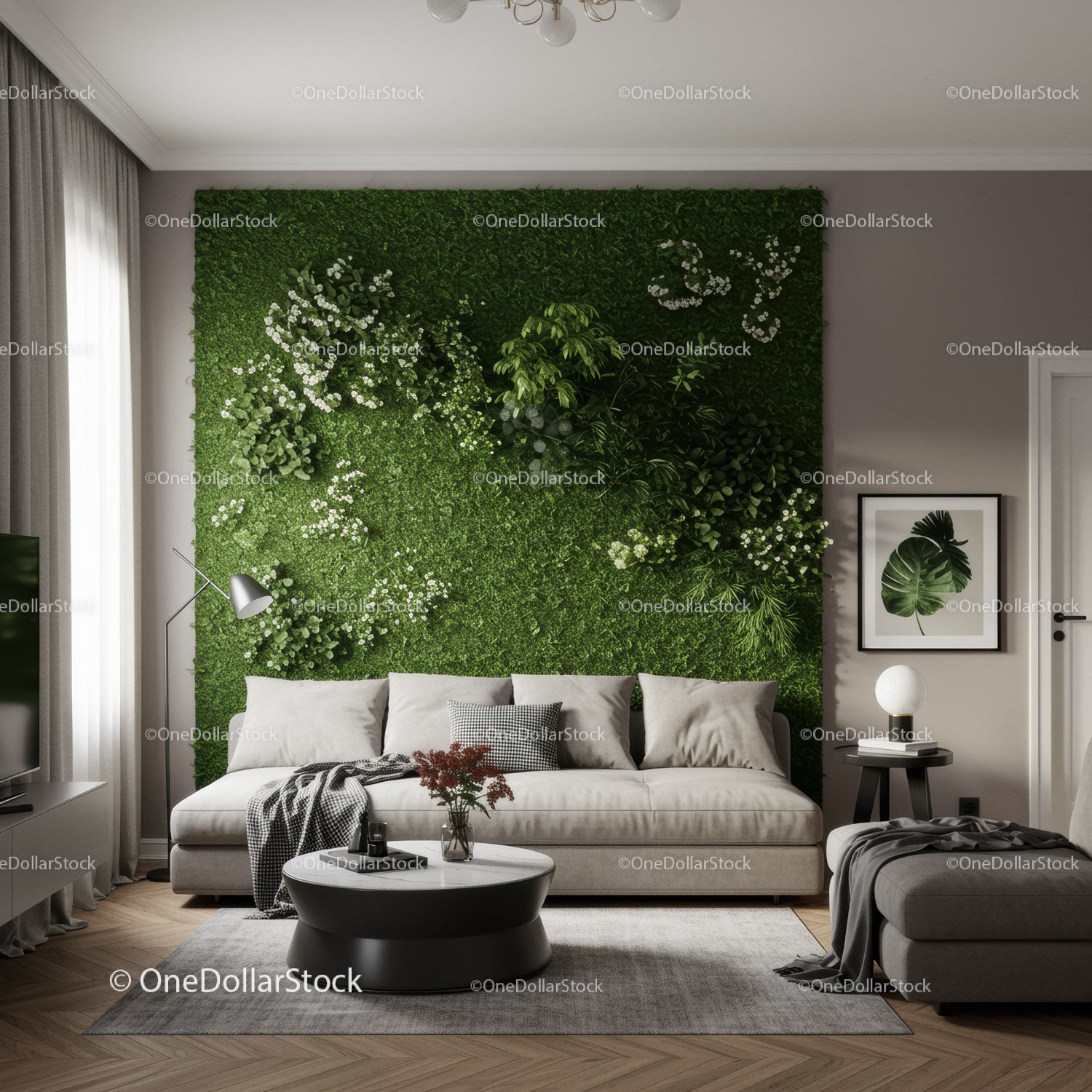 Elegant Living Room with Green Plant Wall and Modern Decor