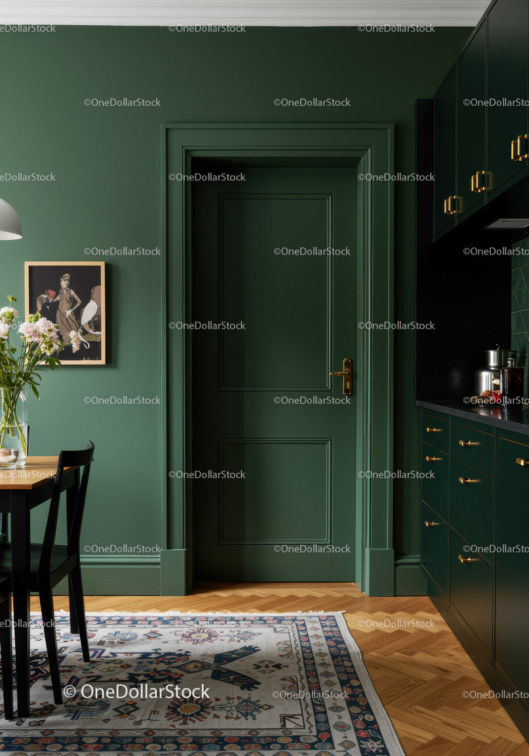 Stylish Green Kitchen Interior with Brass Accents and Wooden Flooring