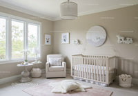 Nursery with White Baby Crib, Armchair, Wall Art and Natural Light