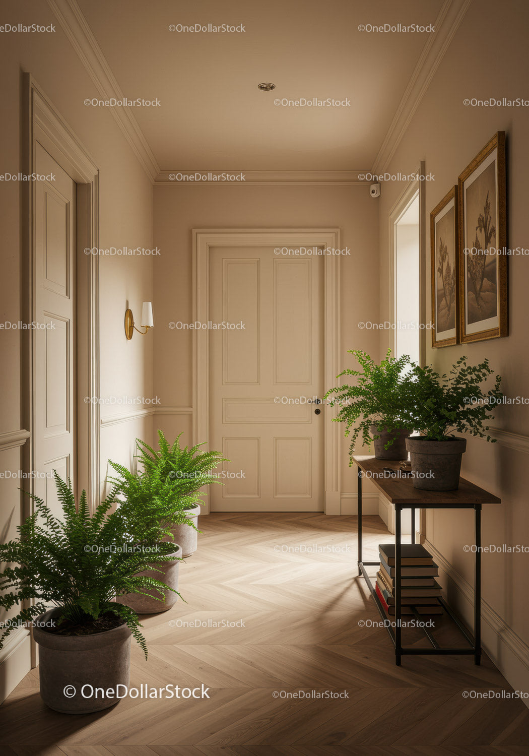 Elegant Classic Hallway with Potted Ferns and Botanical Art