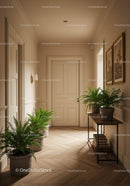 Elegant Classic Hallway with Potted Ferns and Botanical Art