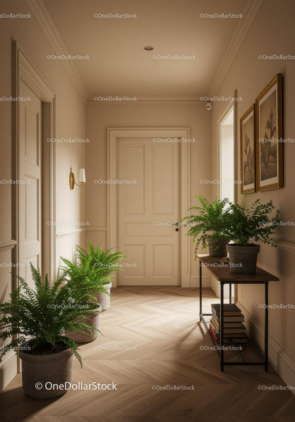 Elegant Classic Hallway with Potted Ferns and Botanical Art