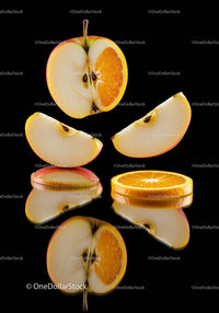 Creative hybrid apple and orange slices with reflection