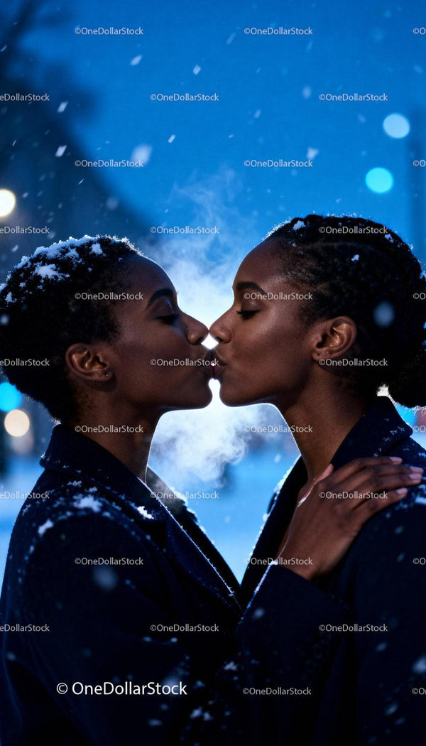 Intimate winter kiss between two loving women outdoors