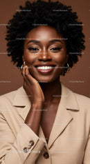 Confident African American Woman Smiling in Beige Blazer