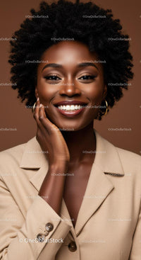 Confident African American Woman Smiling in Beige Blazer
