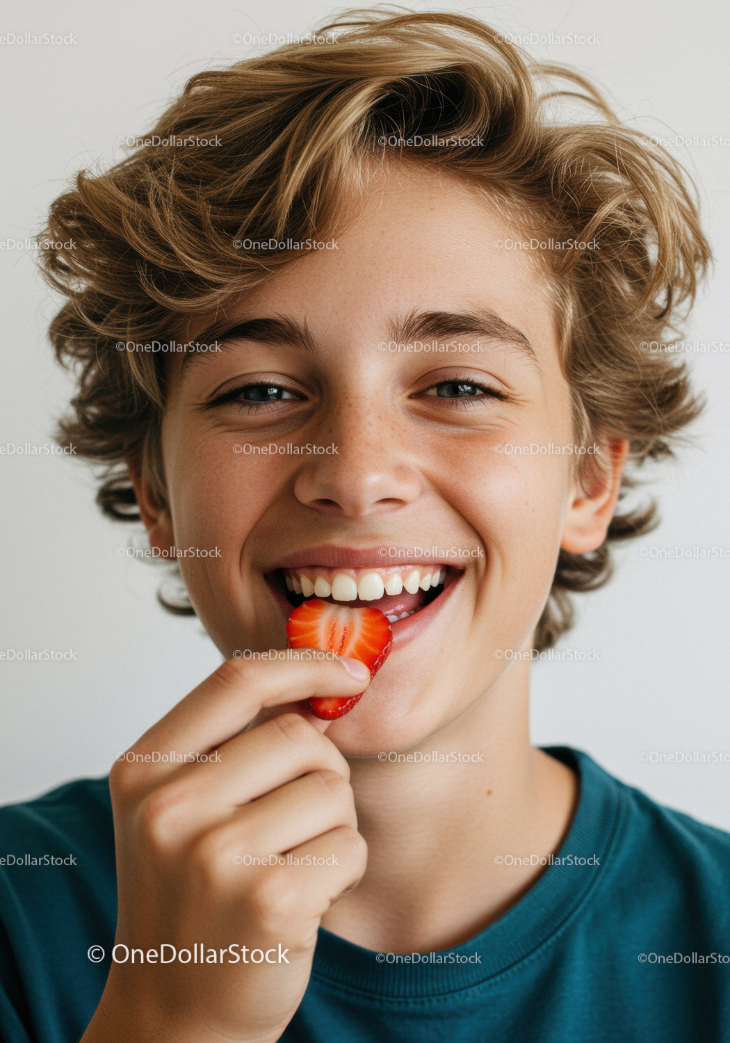 Young Boy Smiling While Eating Strawberry in Bright Studio
