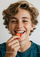 Young Boy Smiling While Eating Strawberry in Bright Studio