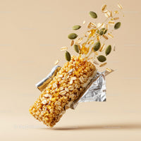 Crunchy granola bar with seeds and honey drizzle