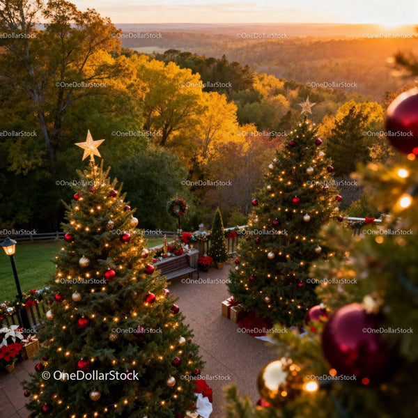Christmas Trees Decorated with Ornaments at Sunset