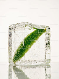 Fresh green chili pepper frozen inside clear ice cube