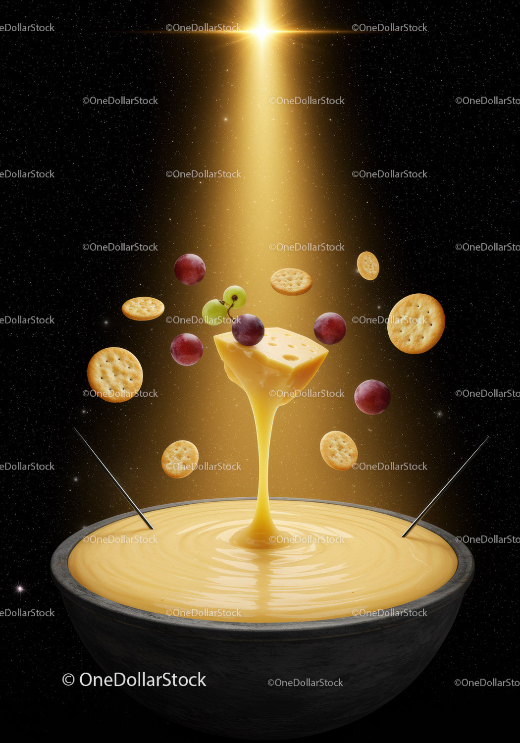 Cheese fondue with crackers and grapes in spotlight