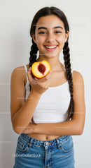 Youthful Girl Smiling Holding a Peach with Seed in Bright Studio