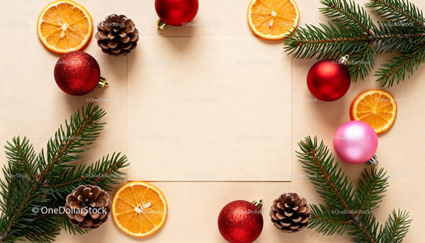 Festive Christmas layout with ornaments and pine branches