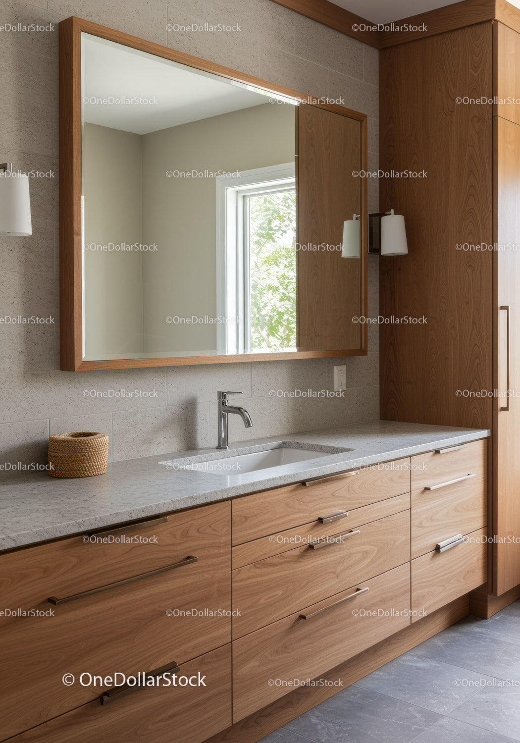 Modern Wooden Bathroom Vanity with Large Mirror and Natural Light