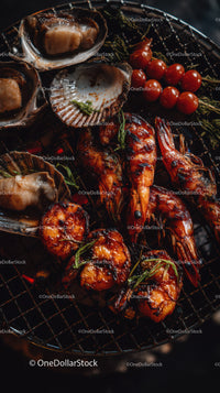 Grilled Shrimp and Oysters with Cherry Tomatoes on Barbecue Grill