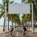 Palm-lined beach promenade with cyclists and pedestrians