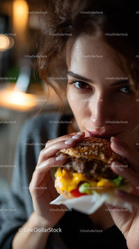 Close-up of a Woman Enjoying a Juicy Cheeseburger with Fresh Vegetables