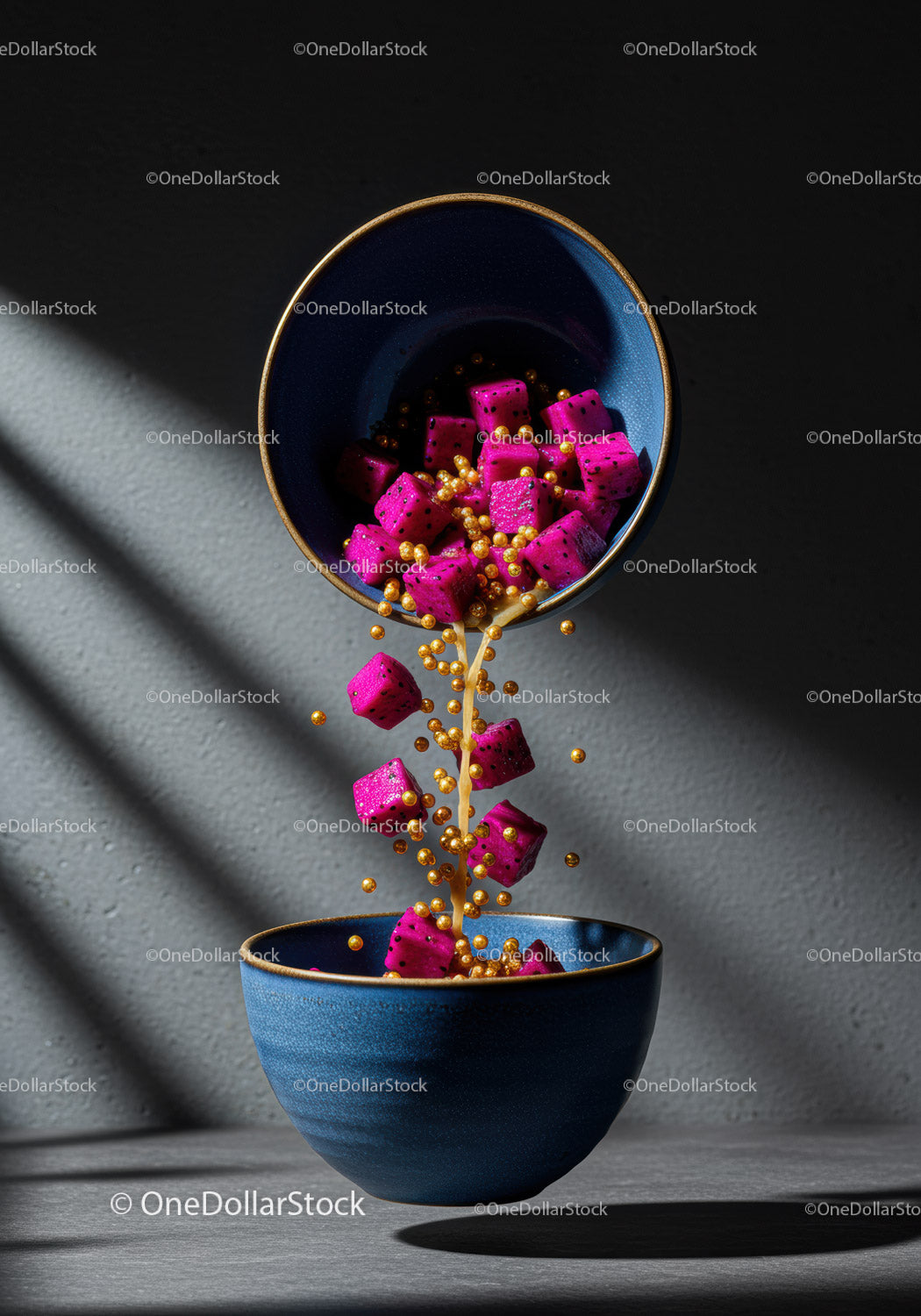 Floating bowls pouring vibrant dragon fruit cubes and cereal