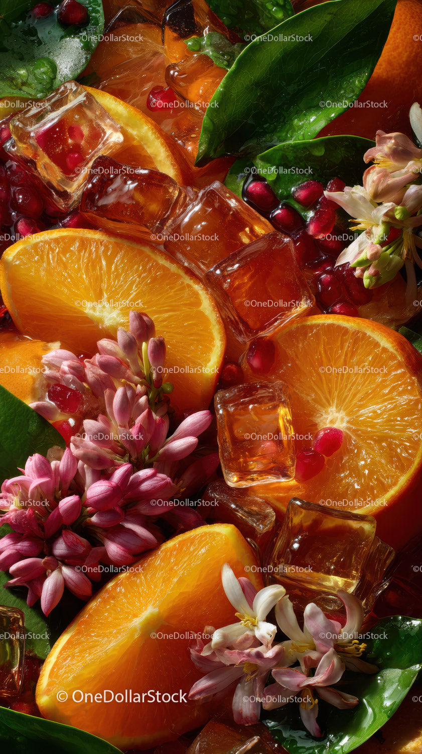 Vibrant Citrus and Pomegranate Fruit Arrangement with Tropical Flowers