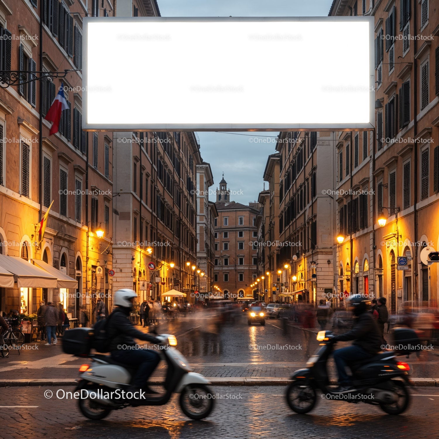 Evening street in historic European city with scooters