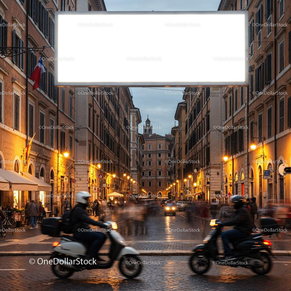 Evening street in historic European city with scooters JPG Mockup Image