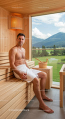 Man Relaxing in Wooden Sauna with Mountain View and Nature Setting