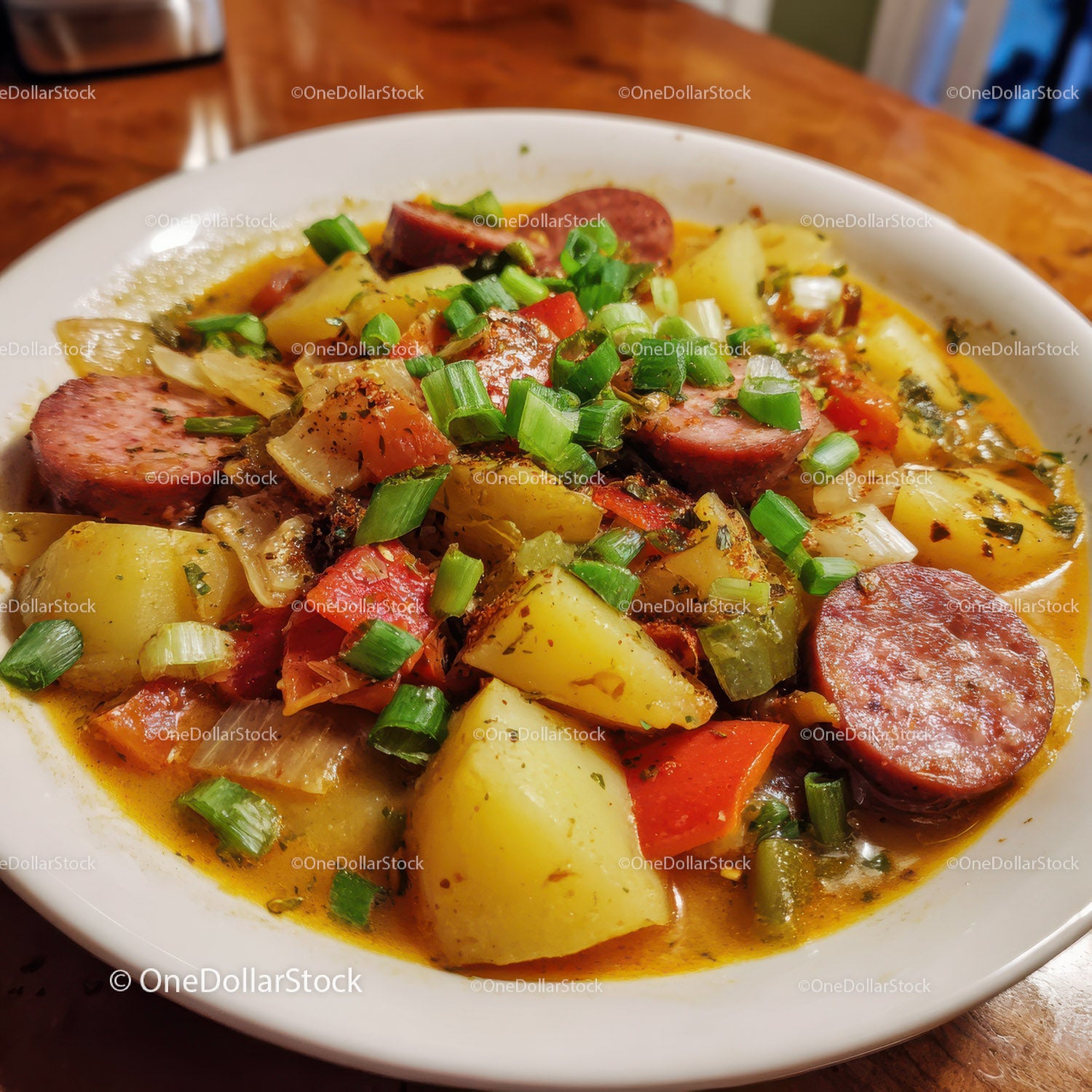 Hearty Sausage and Potato Stew with Fresh Green Onion Garnish
