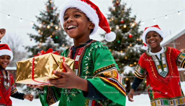 Joyful children celebrating Christmas with gifts outdoors
