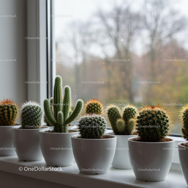 Collection of Cacti and Succulents in White Pots on Window Sill
