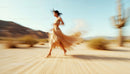 Woman Running in a Desert Landscape with Cacti