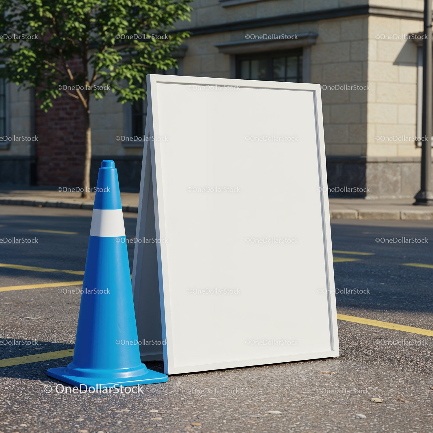 Blank white sandwich board with blue traffic cone on street