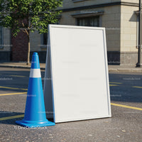 Blank white sandwich board with blue traffic cone on street