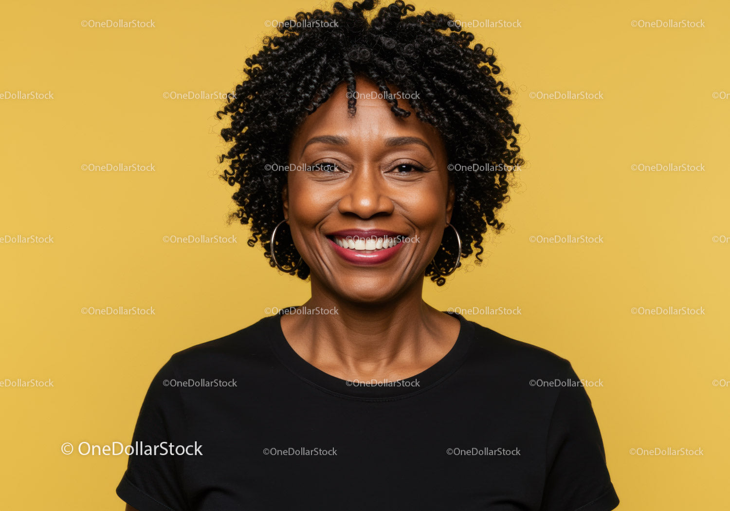 Vibrant Portrait of African American Woman with Curly Hair on Yellow Background