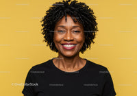 Vibrant Portrait of African American Woman with Curly Hair on Yellow Background