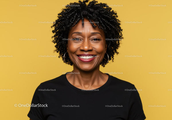 Vibrant Portrait of African American Woman with Curly Hair on Yellow Background