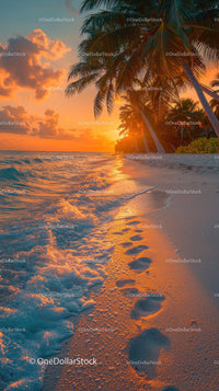 Tropical Beach Sunset with Palm Trees and Footprints in Sand