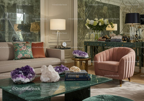 Elegant living room with velvet chair and crystal decor