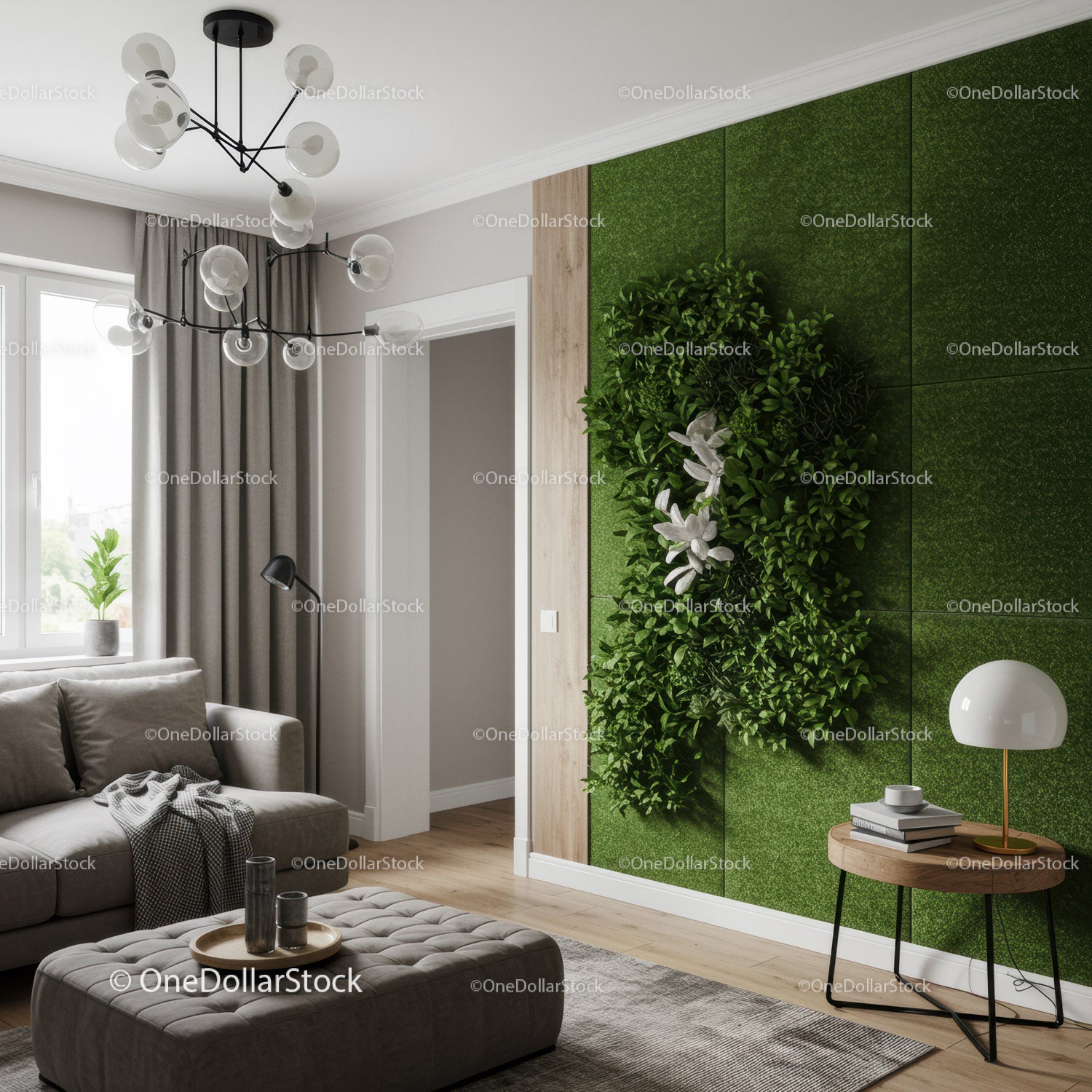Nowoczesny salon z zieloną ścianą akcentową i rośliną doniczkową