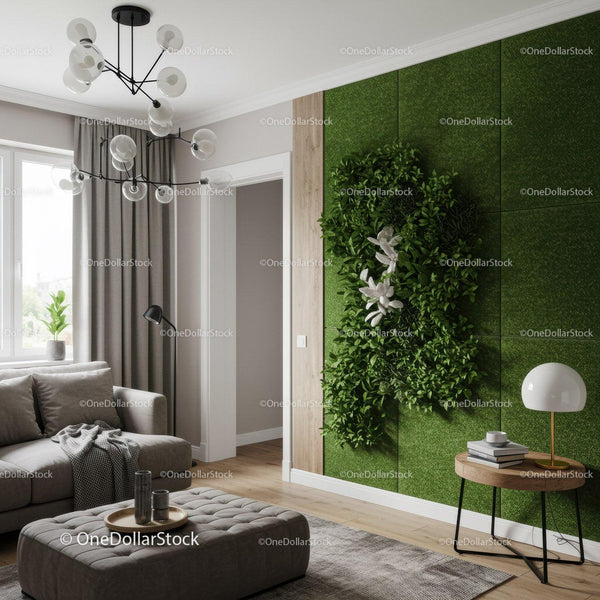 Modern Living Room with Green Accent Wall and Indoor Plant
