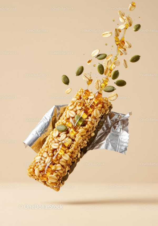 Granola bar with honey drizzle and seeds in foil wrapper
