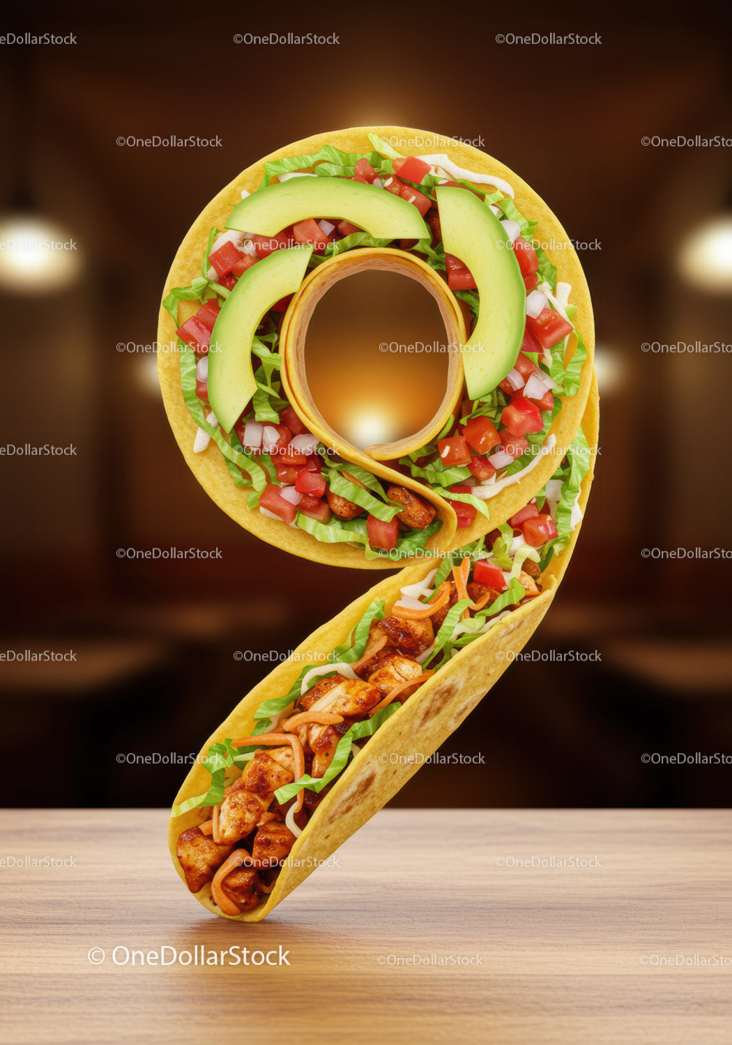 Taco w kształcie cyfry dziewięć ze świeżymi składnikami