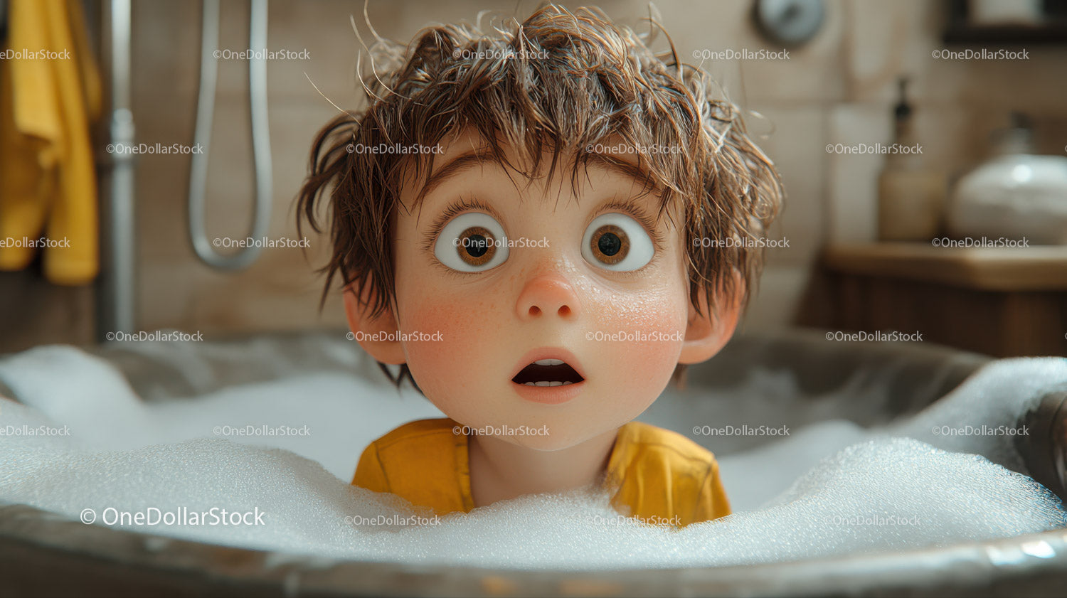 Surprised Boy with Wide Eyes in Bathtub with Foam Bubbles
